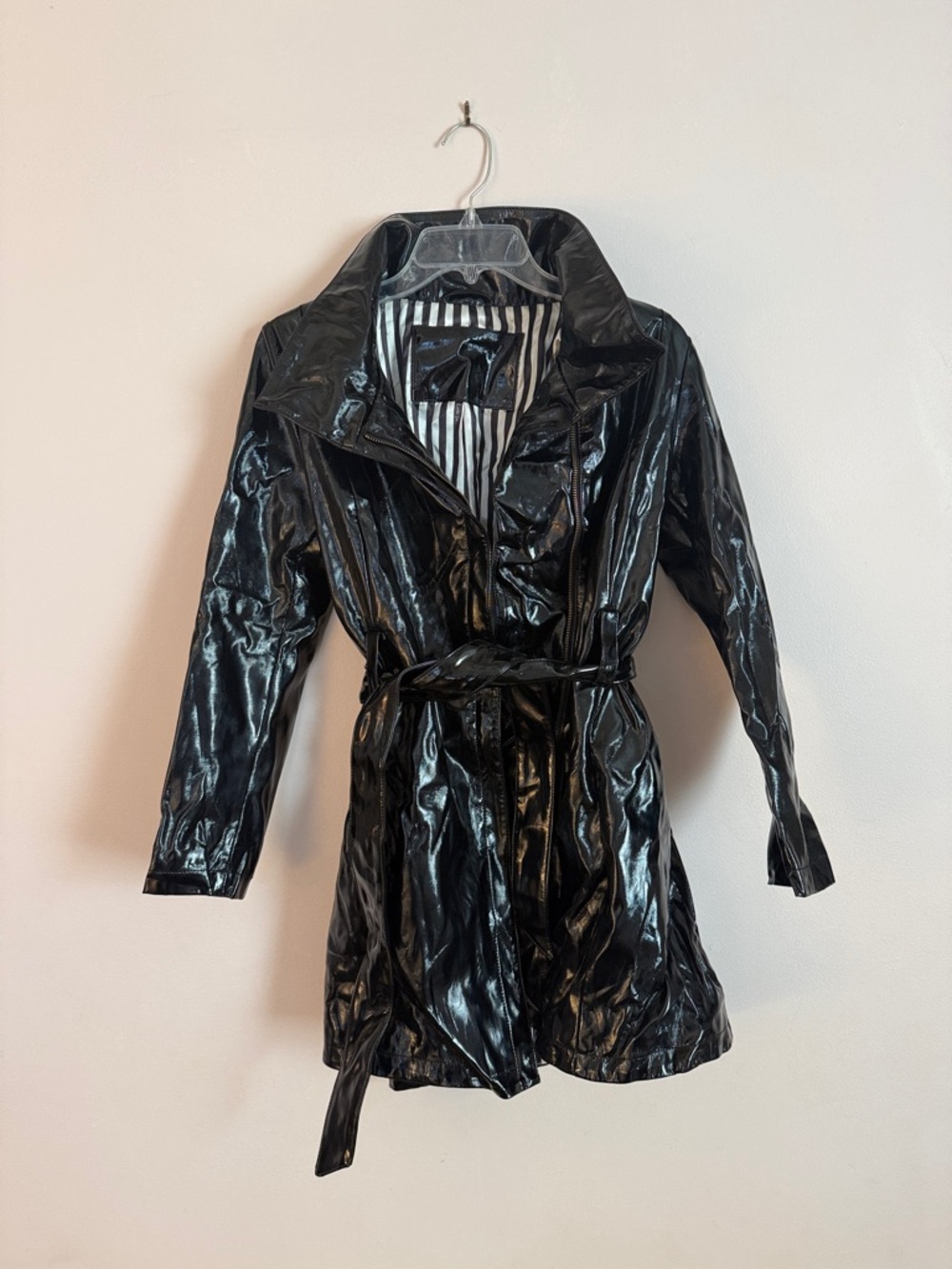 Glossy Black Faux-Leather Trench Coat with Belt - Women